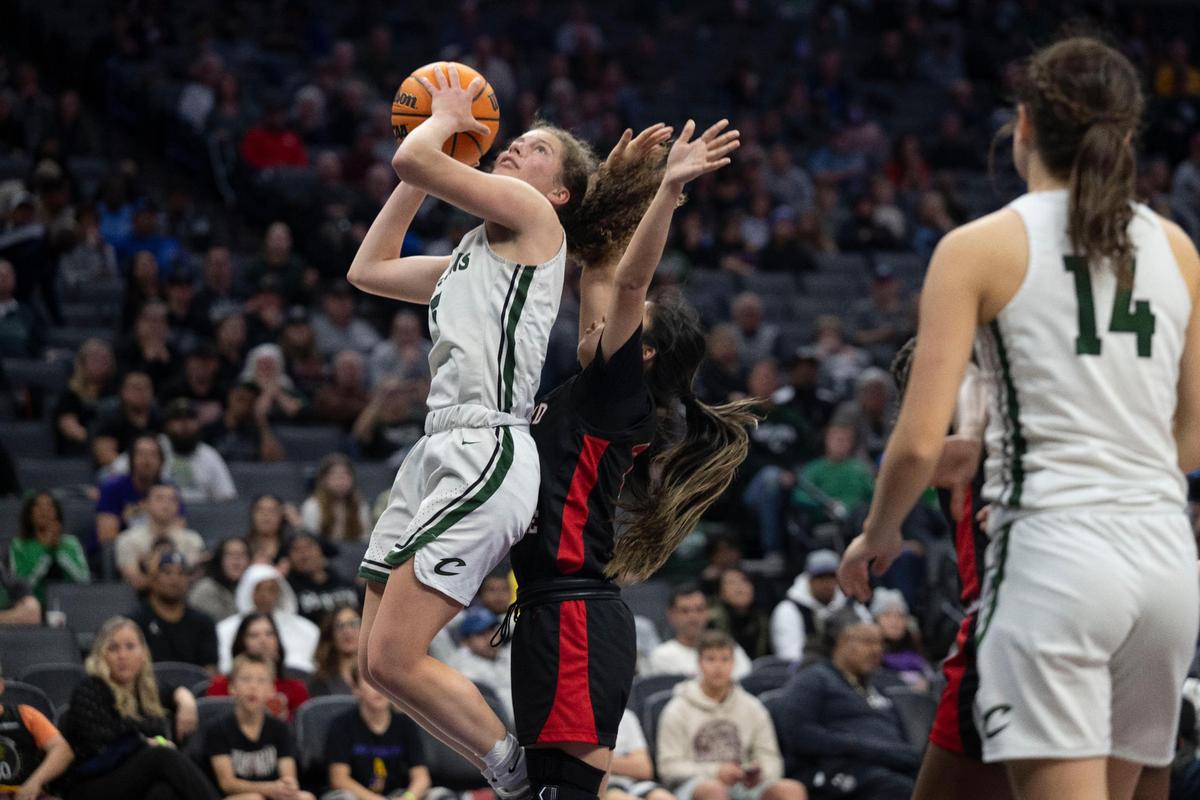 Colfax High School’s Kaia Diederichs takes a shot as the Falcons play the Harvard-Westlake Wolverines for the CIF Division II state championship Saturday at Golden 1 Center.