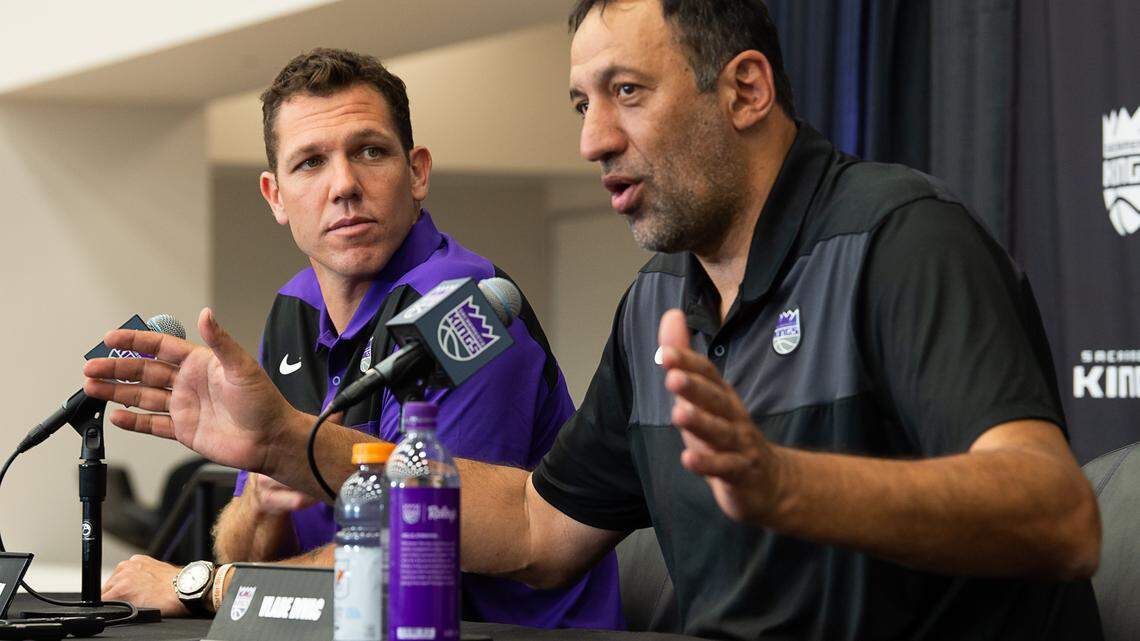 Sacramento Kings General Manger Vlade Divac and new head coach Luke Walton speak to the media at Golden 1 Center on Monday, April 15, 2019 in Sacramento.