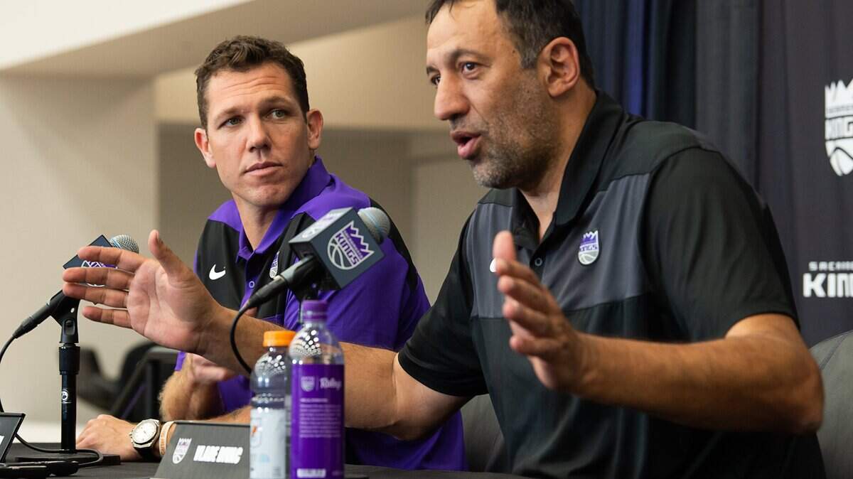 Sacramento Kings General Manger Vlade Divac and new head coach Luke Walton speak to the media at Golden 1 Center on Monday, April 15, 2019 in Sacramento.

