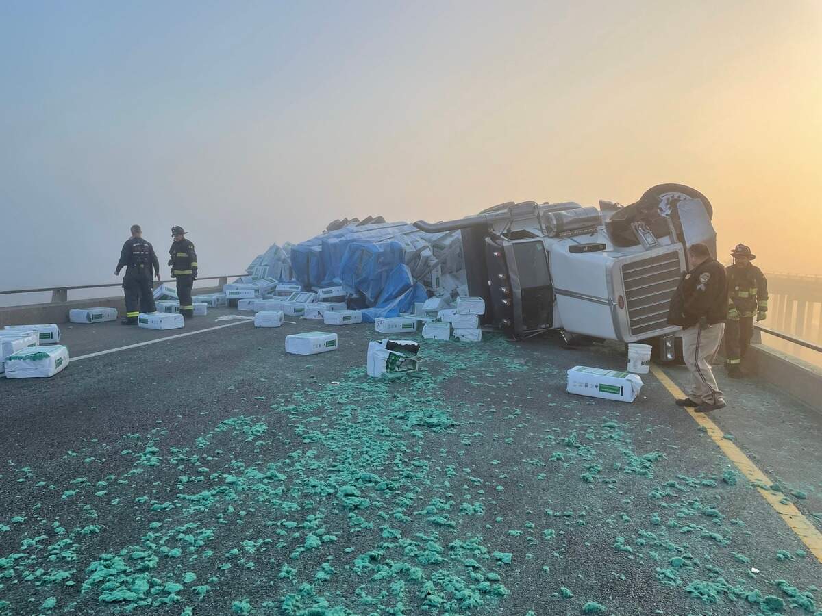 An overturned big rig has blocked northbound Interstate 5 traffic at the Yolo Bypass on Monday, November 29, 2021.