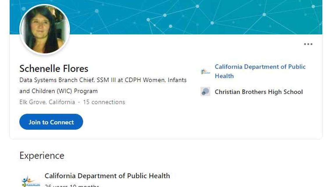 Schenelle M. Flores’s LinkedIn profile is seen on Wednesday, Feb. 3, 2021. The state worker appeared Wednesday in a Zoom hearing in federal court in Sacramento after being charged with wire fraud in connection with her job at the state Office of AIDS.