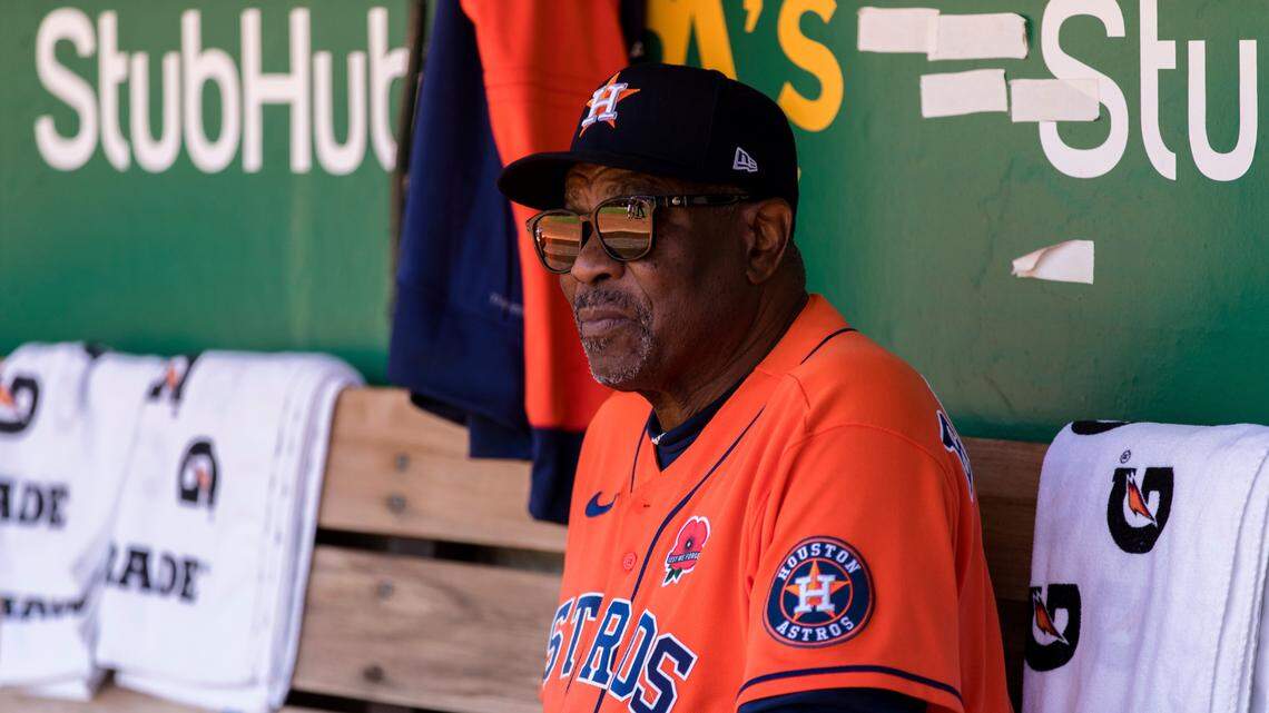 Houston Astros manager Dusty Baker waits in the dugout before the start of a game against the Oakland Athletics in Oakland on Monday, May 30, 2022.