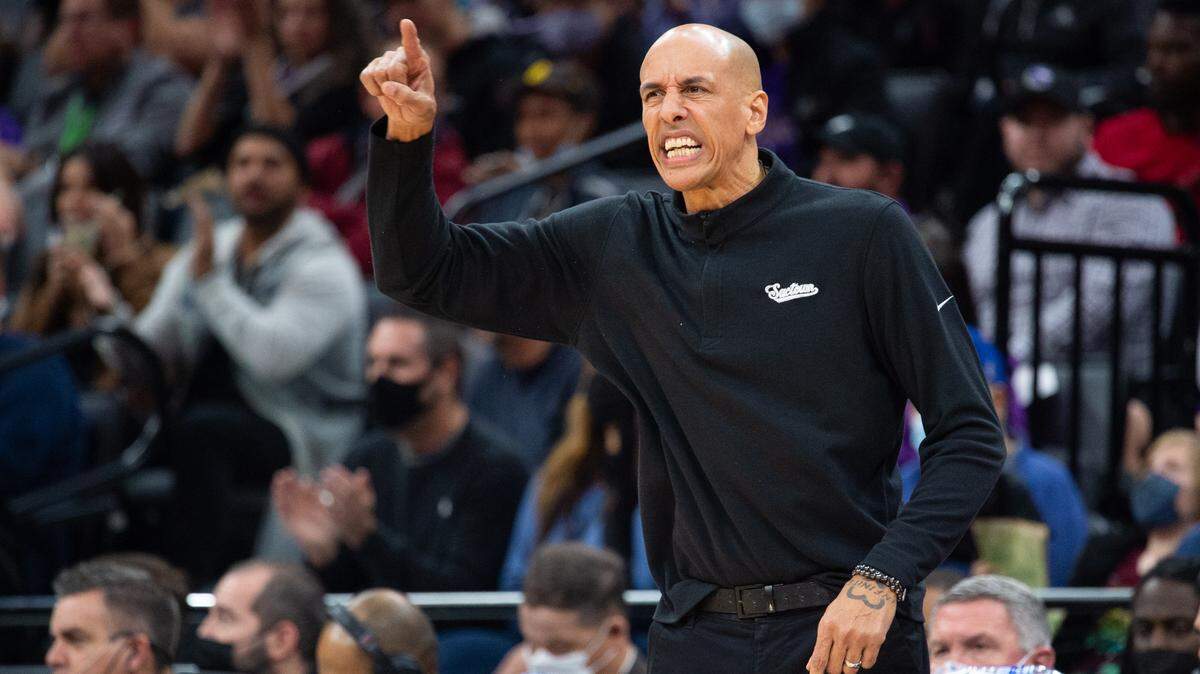 Sacramento Kings acting head coach Doug Christie reacts during play against the Washington Wizards in the second half during a game at the Golden 1 Center on Wednesday, Dec 15, 2021, in Sacramento.