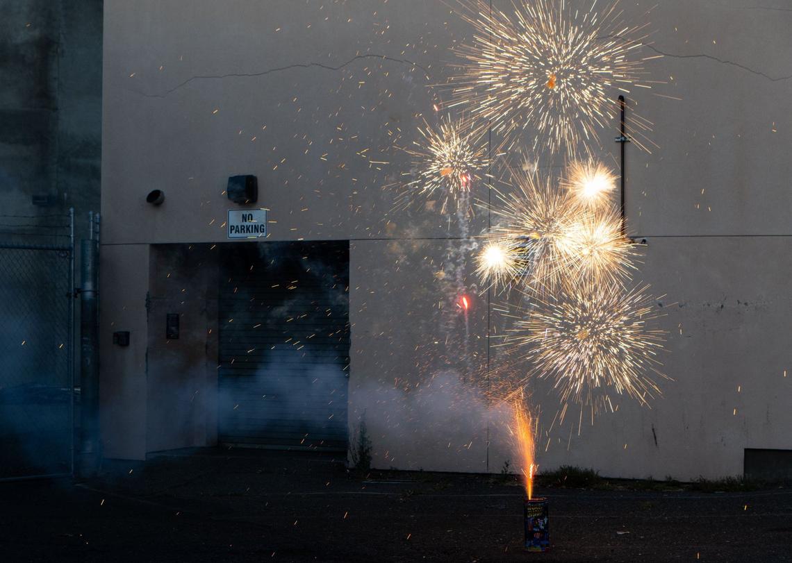 TNT Fireworks’ World Champ releases a flurry of explosions on Monday, June 24, 2024, at Sacramento Fire Department Station 4 in Sacramento. The Sacramento Bee’s interns gave this fountain a rating of 4.5 out of five total points.