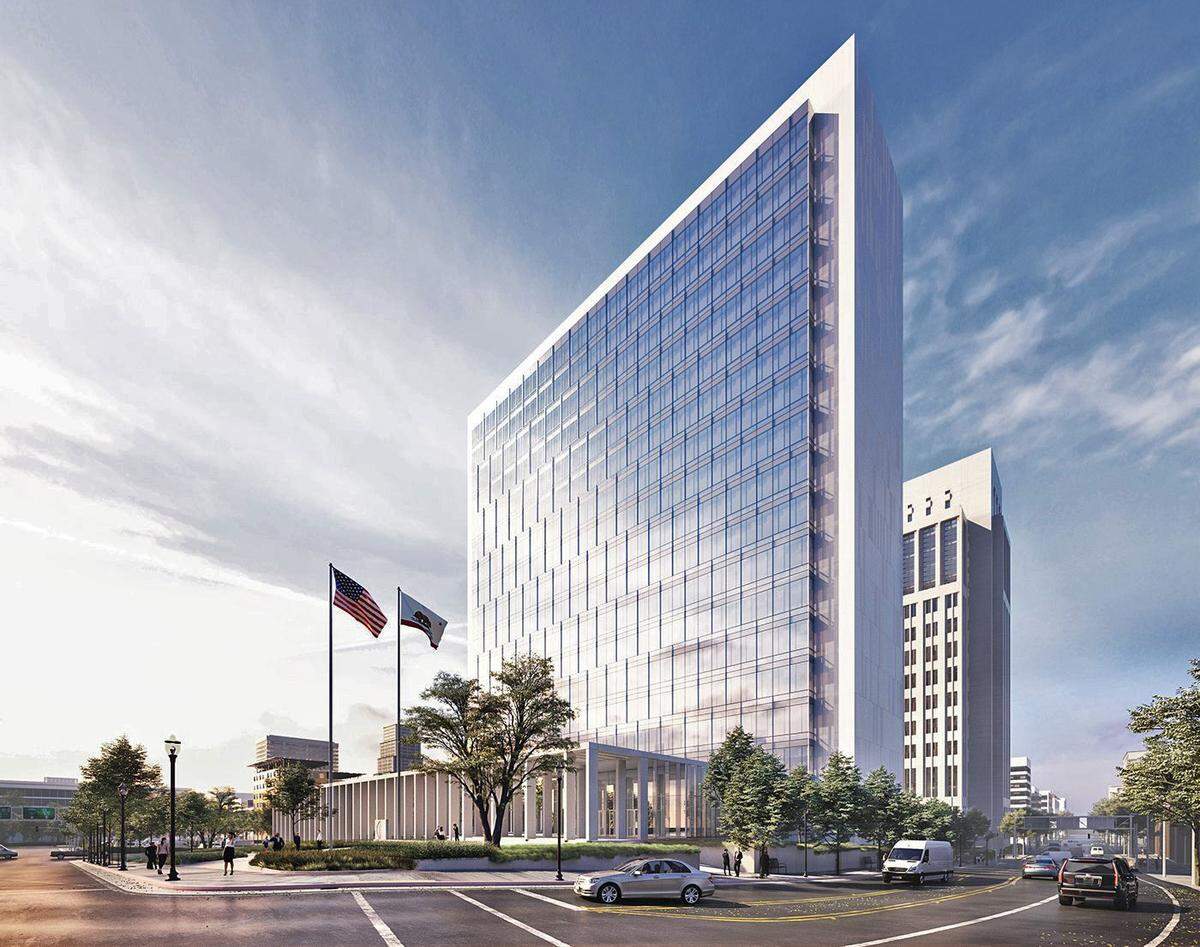 A conceptual drawing submitted in 2017 shows the new Sacramento courthouse on the edge of the railyard infill development.