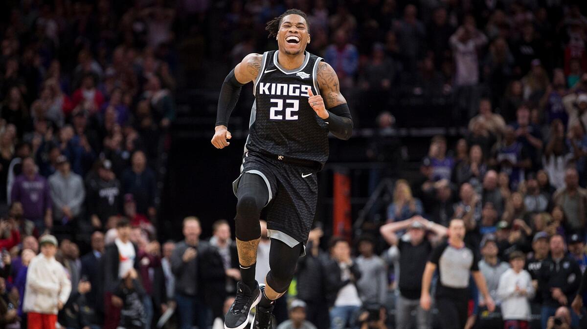 Sacramento Kings forward Richaun Holmes (22) jumps after making a basket against the Minnesota Timberwolves during a game at Golden 1 Center on Thursday, Dec 26, 2019 in Sacramento.
