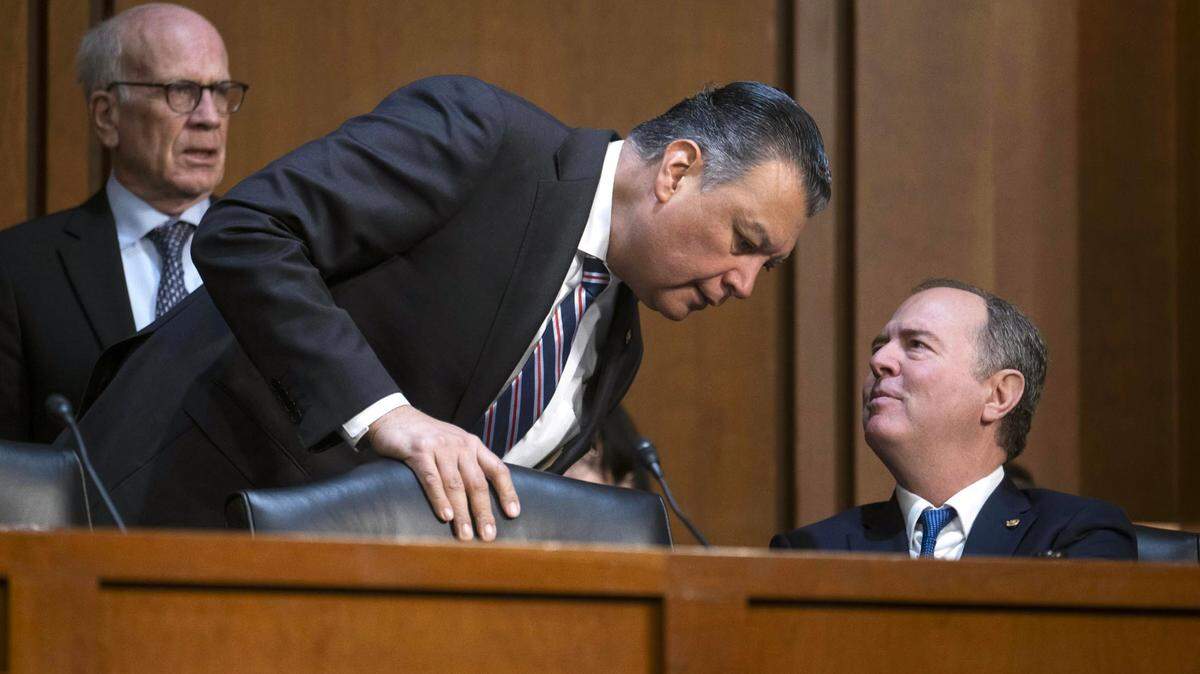 U.S. Sen. Alex Padilla, D-Calif., speaks with U.S. Sen. Adam Schiff, D-Calif., before the Senate Judiciary Committee holds a confirmation hearing for Pamela Bondi to become U.S. attorney general at the Capitol in Washington, D.C., on Jan. 15.