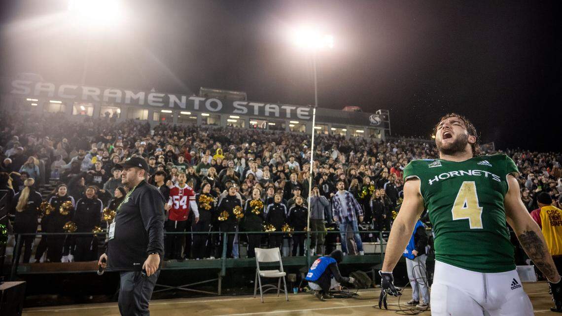 Sacramento State running back Cameron Skattebo (4) cheers on the Hornets defense with the home crowd as they play in the final minutes against Incarnate Word in the FCS playoffs quarterfinal game Friday at Hornet Stadium. The Cardinals beat the Hornets, 66-63.