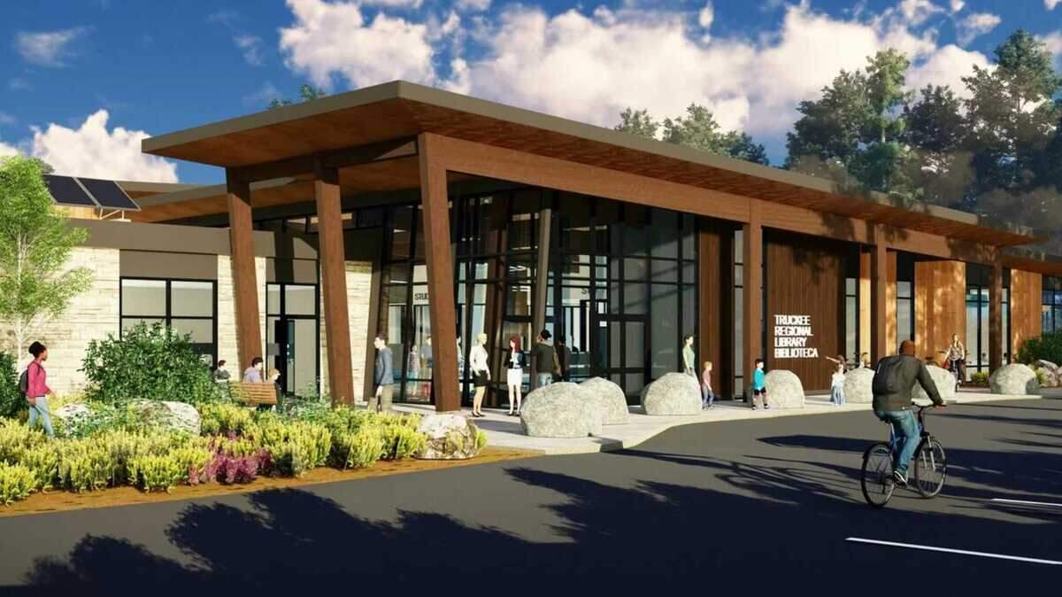 A rendering shows a view of the proposed new library for Truckee, part of a bond-funded project to replace the town’s aging facility. Measure G, which would fund construction of the new library, appeared on track to pass with more than 69% approval.