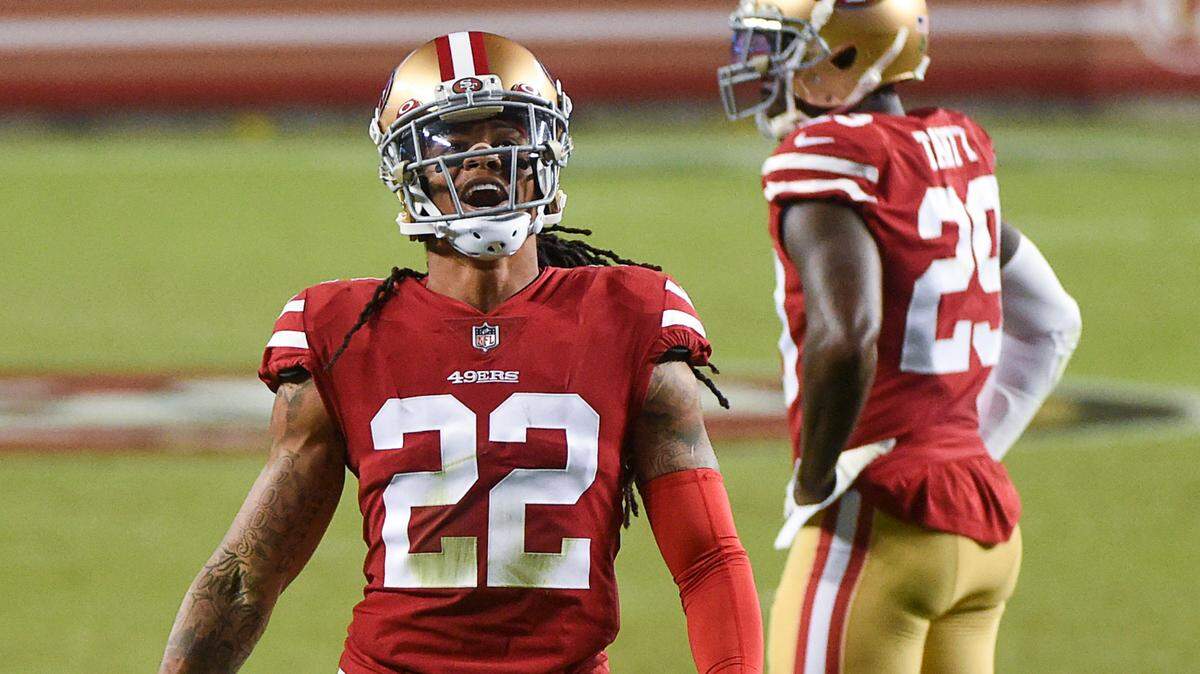 San Francisco 49ers cornerback Jason Verrett (22) is called for pass interference to Green Bay Packers wide receiver Davante Adams (17) in the second quarter during a game at Levi’s Stadium on Thursday, Nov. 5, 2020, in Santa Clara.