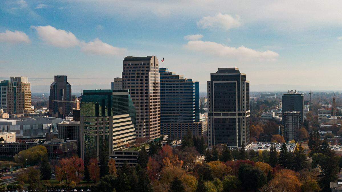 Downtown Sacramento is photographed Dec. 6, 2019, from a drone over the Sacramento River.