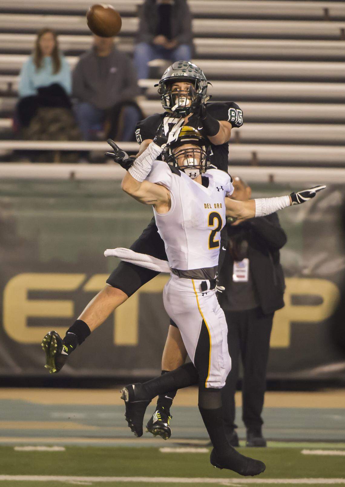 Del Oro’s Dawson Hurst (2), defends a pass intended for Granite Bay’s Ryan Smith (85) in the Sac-Joaquin Section Division II championship game at Hornet Stadium at Sacramento State, Dec. 2, 2017.