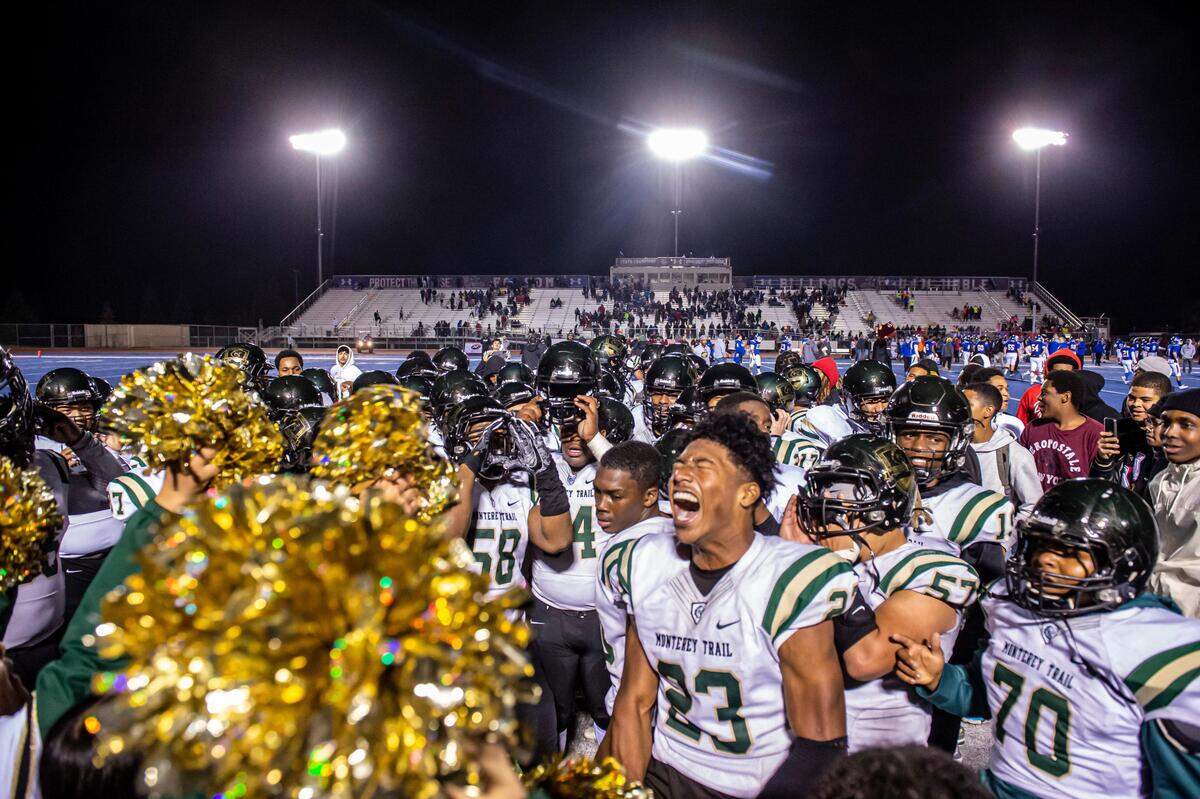 1. The Monterey Trail Mustangs celebrate their 35-23 upset win over the Folsom Bulldogs in a Sac-Joaquin Section Division I semifinal Friday, Nov. 22, 2019. It was Folsom’s first playoff loss since 2016, and payback for the Mustangs who fell to the Bulldogs in the section final in 2018.