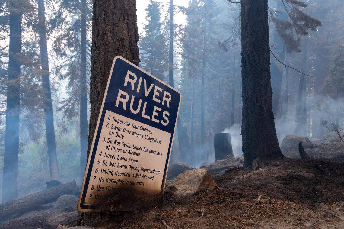 A singed sign rests on a tree at Camp Sacramento on Monday, Aug. 30, 2021, after the Caldor Fire burned through the beloved recreation site. Protected by fire crews from Santa Clara, much of the facility remained intact.