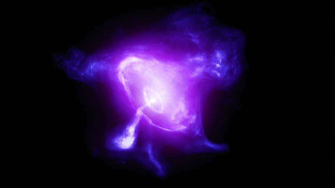 A new composite image of the Crab Nebula features X-rays from Chandra (blue and white), optical data from Hubble (purple), and infrared data from Spitzer (pink). Chandra has repeatedly observed the Crab since the telescope was launched into space in 1999. The Crab Nebula is powered by a quickly spinning, highly magnetized neutron star called a pulsar, which was formed when a massive star ran out of its nuclear fuel and collapsed. The combination of rapid rotation and a strong magnetic field in the Crab generates an intense electromagnetic field that creates jets of matter and anti-matter moving away from both the north and south poles of the pulsar, and an intense wind flowing out in the equatorial direction.