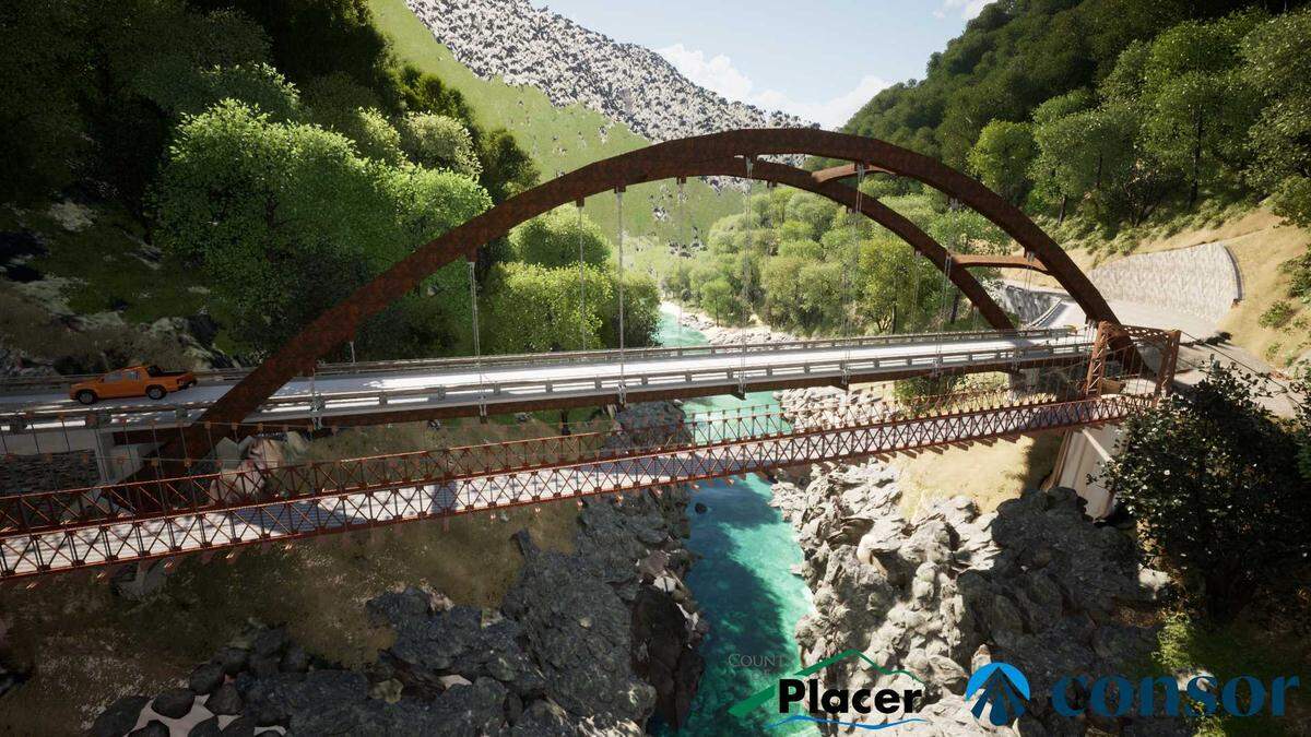 A rendering of the new Yankee Jims Bridge is seen next to the 1930s suspension structure it will replace. Placer County officials will also be creating parking spaces next to the bridges for hikers and other outdoor enthusiasts.