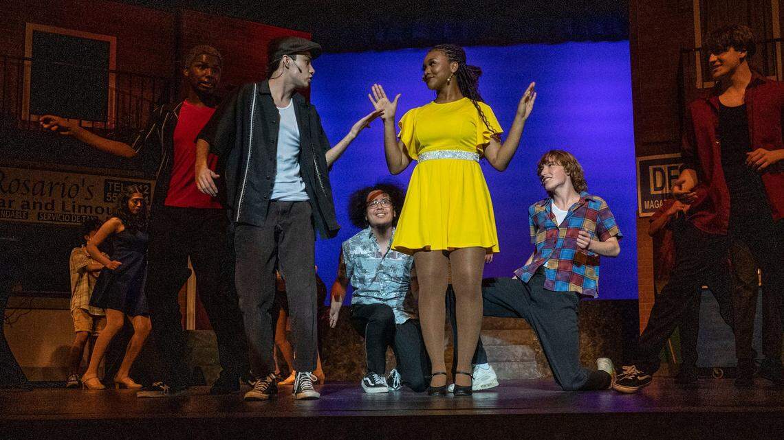 Natomas Charter School students Ali Qadiri, 18, and Genesis Crowly, 17, performing a scene in March from their school’s production of Lin-Manuel Miranda’s musical “In the Heights.”