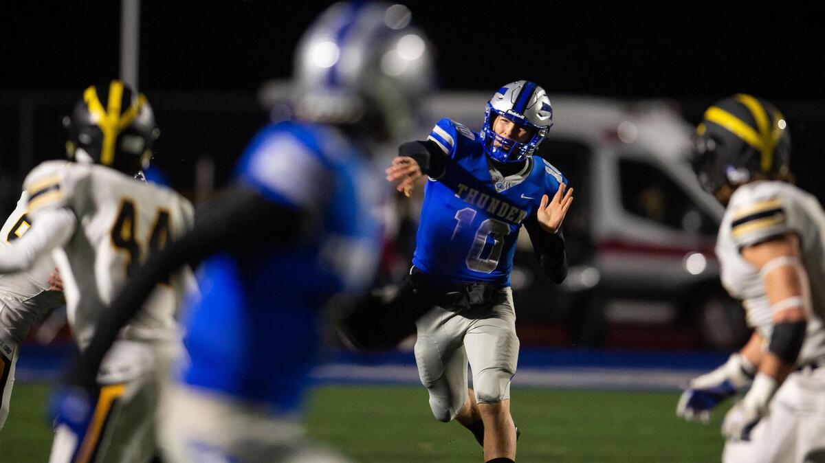 Rocklin quarterback Kenneth Leuth completes a pass against Del Oro in March. Leuth returns for a team that went 5-0 during the spring football season and has its sights set on making a deep playoff run.