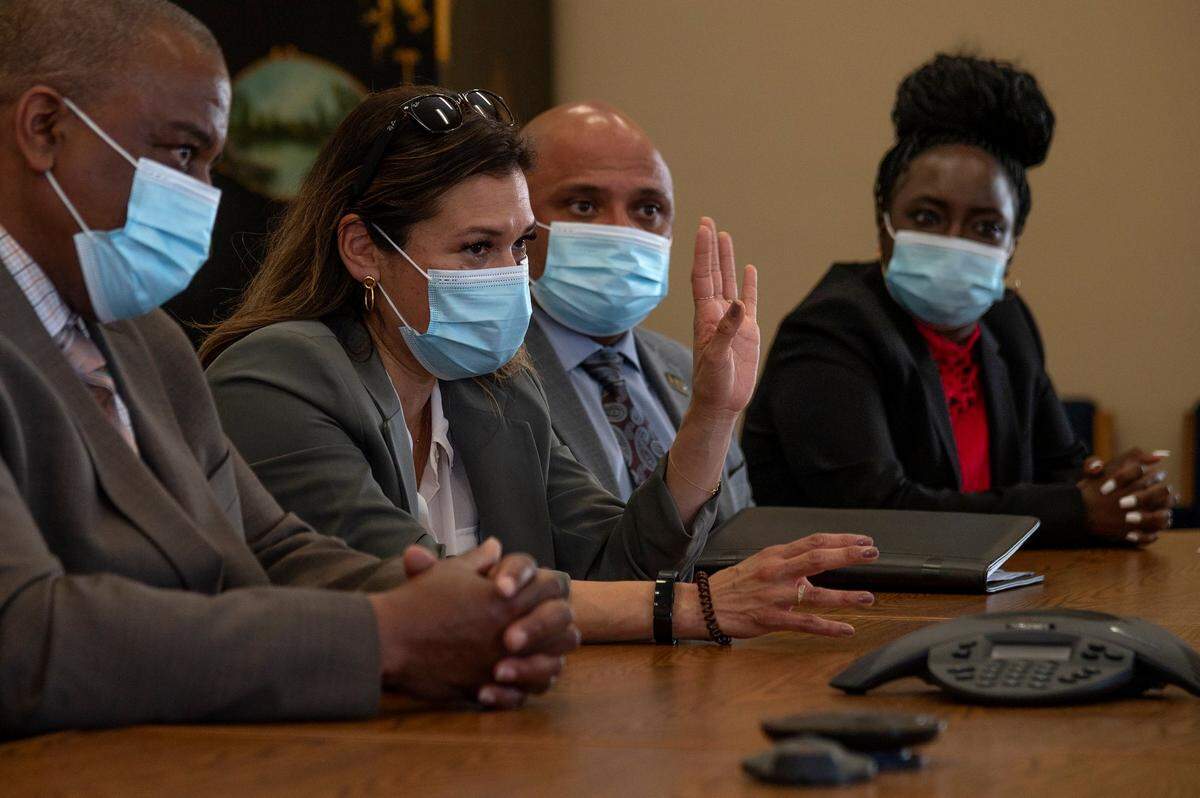 Norma Cumpian speaks at a meeting at Folsom State Prison in April. Gov. Gavin Newsom appointed her to the California Board of State and Community Corrections, making her the first formerly incarcerated person to sit on the panel.