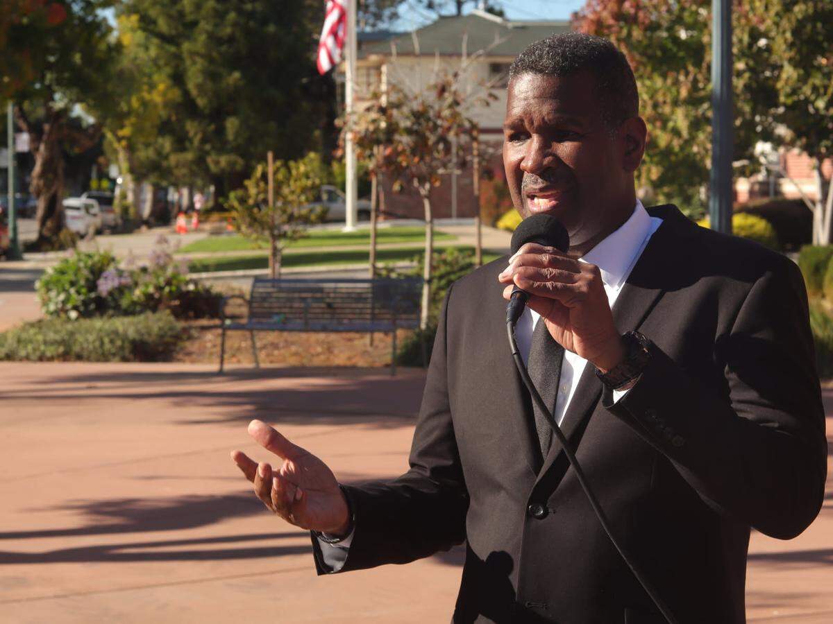 Democrat Barack D Obama Shaw delivers his first speech in his campaign for governor outside Alameda City Hall in Alameda, CA on November 8, 2025.