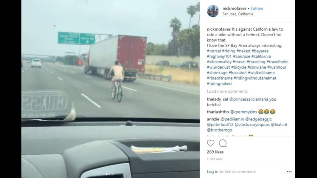 A naked man on a bicycle joined surprised commuters Wednesday morning on Highway 101 through San Jose, reported California Highway Patrol officers. At least one driver caught the cycling nudist on video.