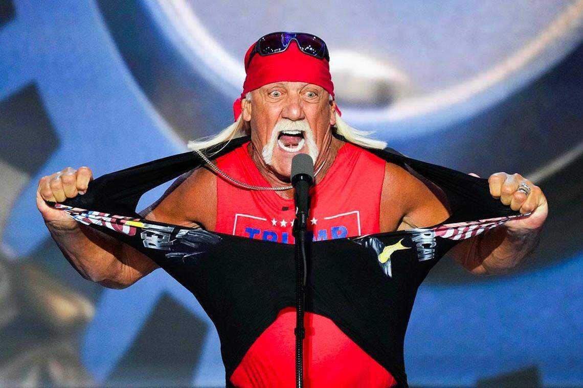 Hulk Hogan, professional entertainer and wrestler, speaks during the final day of the Republican National Convention at the Fiserv Forum. The final day of the RNC featured a keynote address by Republican presidential nominee Donald Trump.