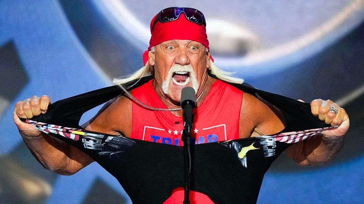 Hulk Hogan, professional entertainer and wrestler, speaks during the final day of the Republican National Convention at the Fiserv Forum. The final day of the RNC featured a keynote address by Republican presidential nominee Donald Trump.