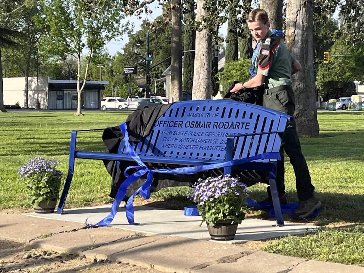 William Curry, a Yuba County student and member of an outdoor leadership group, unveiled a metal-fabricated bench in honor of the fallen Marysville police officer Osmar Rodarte Thursday, March 26, 2026, at Veterans Park in Marysville.