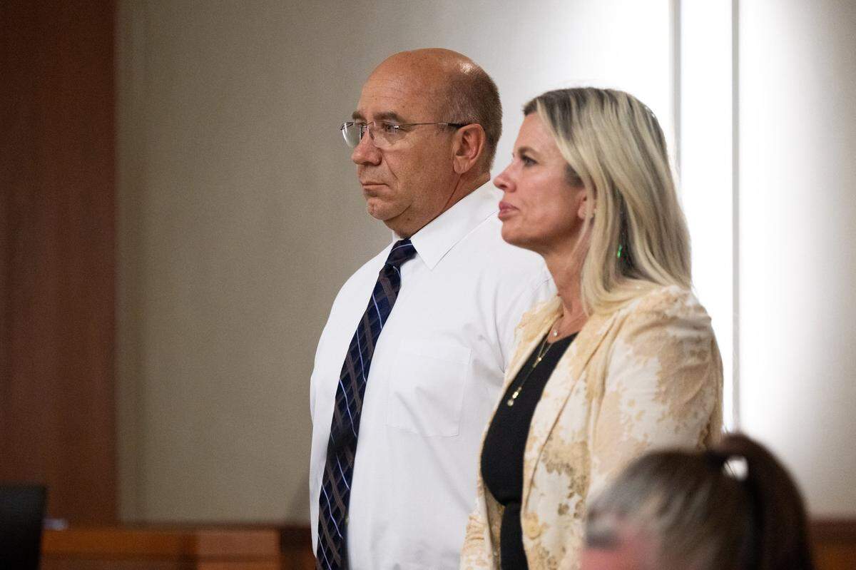 Anthony David Rakela Jr., 60, who is accused of assault with a deadly weapon in a fatal Rocklin road rage confrontation, appears for his June arraignment hearing with attorney Jessica Graves in Placer Superior Court in Roseville. His son Blake Anthony Rakela, 20, is charged with murder in the incident.