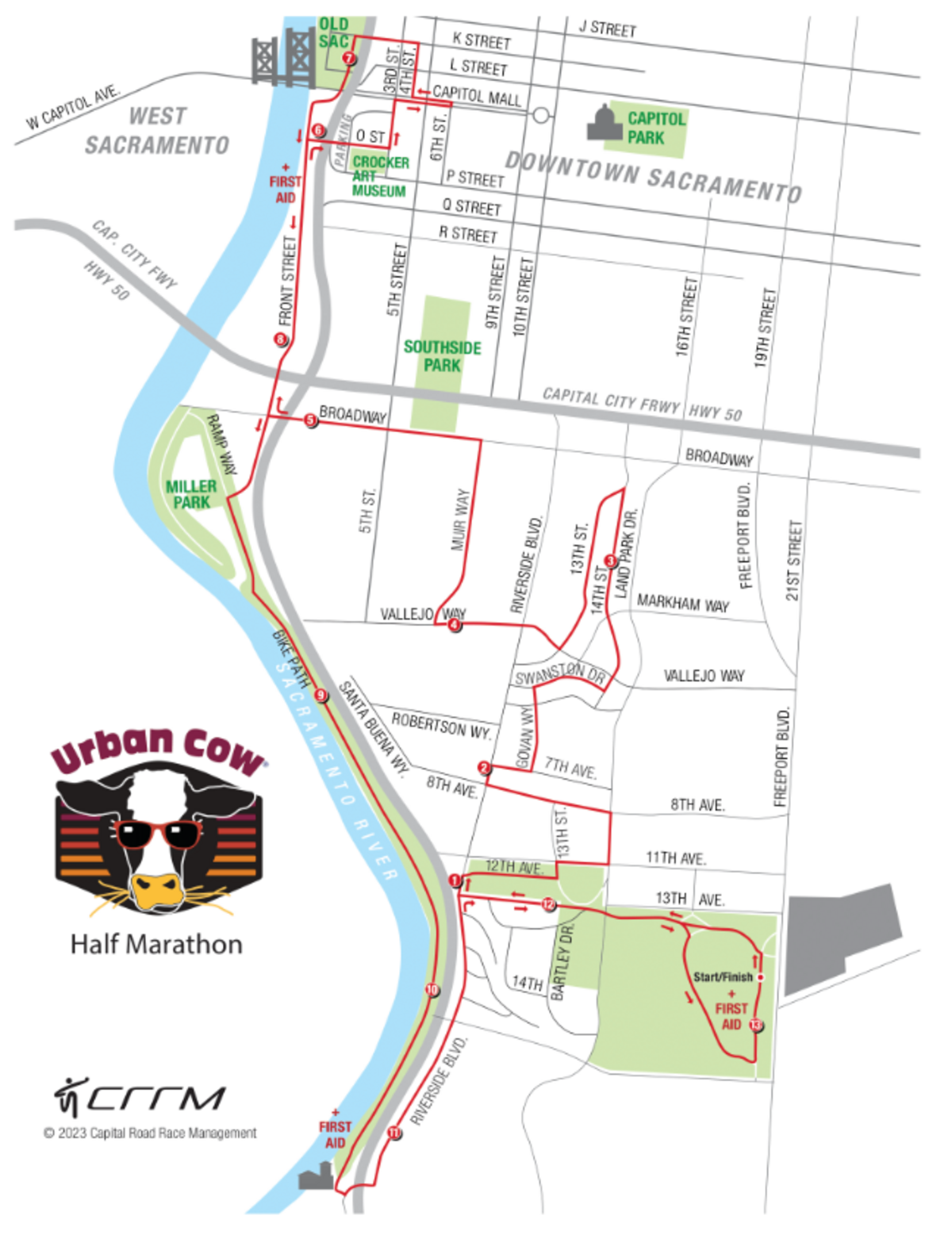 Map of the annual Urban Cow Half Marathon and its road closures.