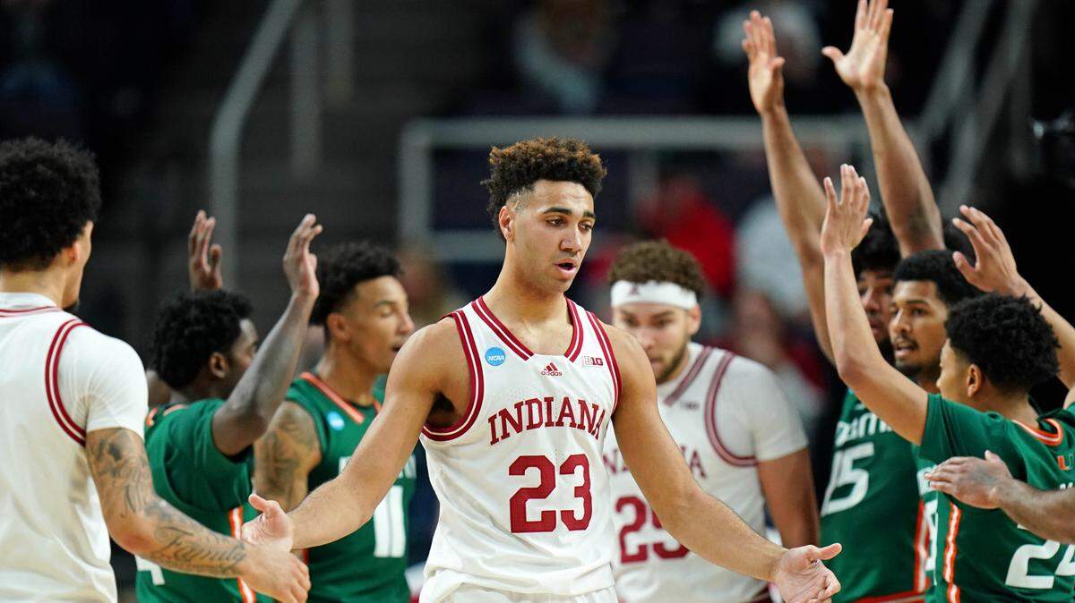 Indiana Hoosiers forward Trayce Jackson-Davis (23) reacts after a play against the Miami (Fl) Hurricanes during the second half at MVP Arena on March 19, 2023, in Albany, New York.
