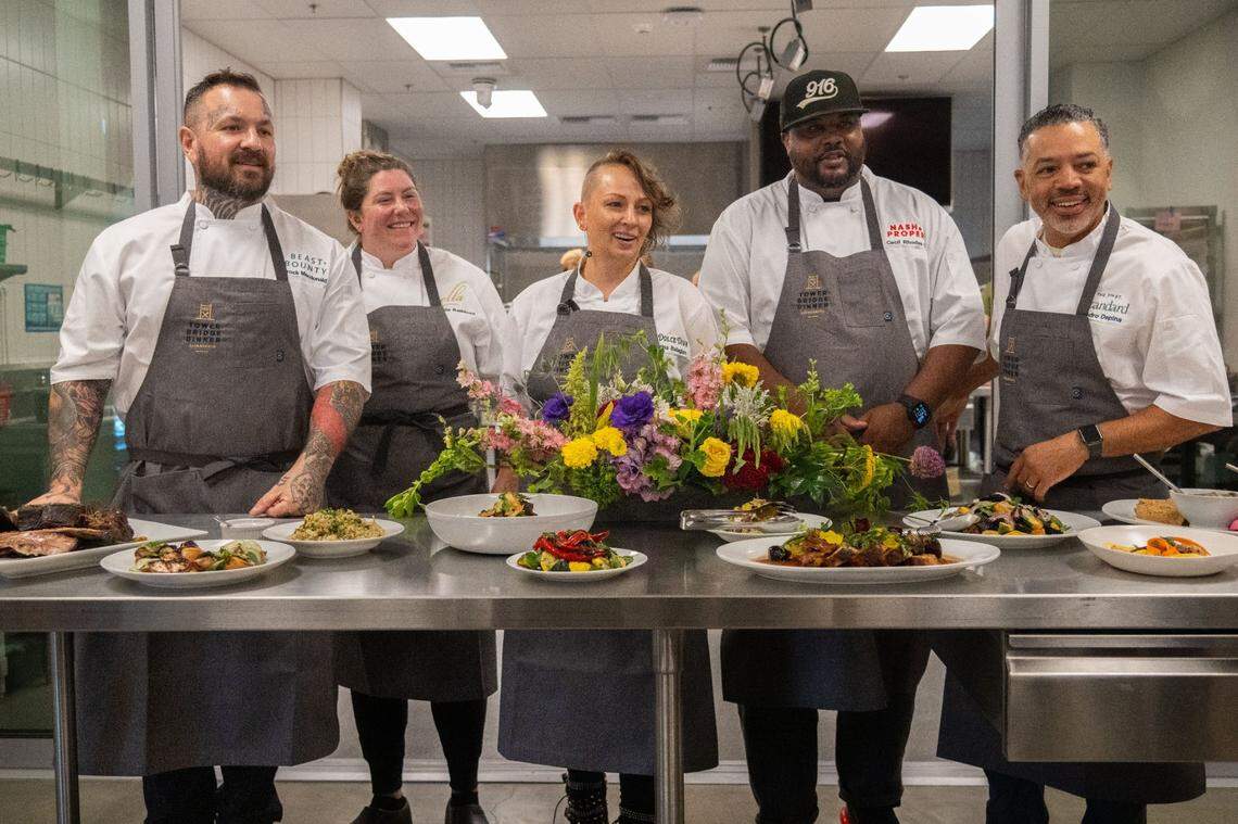 Chefs, from left, Brock Macdonald, Jamie Rathburn, Katerina Balagian, Cecil Rhodes II and Pedro Depina stand behind their dishes during this year’s Tower Bridge Dinner menu preview at the Central Kitchen in Sacramento on Monday. An estimated 880 people will attend the dinner in September.