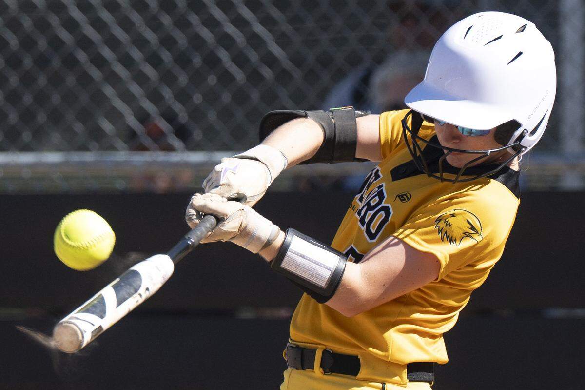 Del Oro Golden Eagles left fielder Grace Johnson bats against Willow Glen in the CIF Northern California Regional Division II softball semifinals on Thursday.
