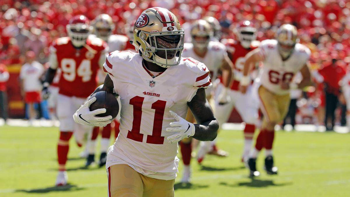 San Francisco 49ers wide receiver Marquise Goodwin (11) runs for a touchdown during the first half against the Kansas City Chiefs in Kansas City, Mo., Sunday, Sept. 23, 2018.