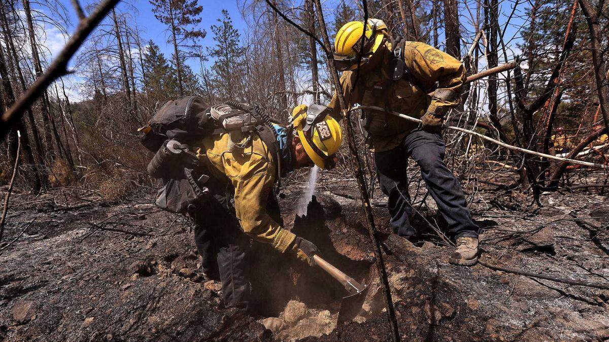 Cal Fire Fresno Kings unit firefighters Brandon Weiler and Joseph Valencia mop up a section of the Pickett Fire above Aetna Springs on Tuesday, Aug. 26, 2025.