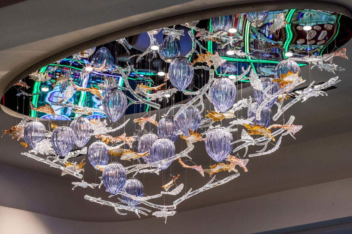 A custom glass blown chandelier hangs at Sky River Casino in Elk Grove as a tribute to the acorns used by natives from the area.