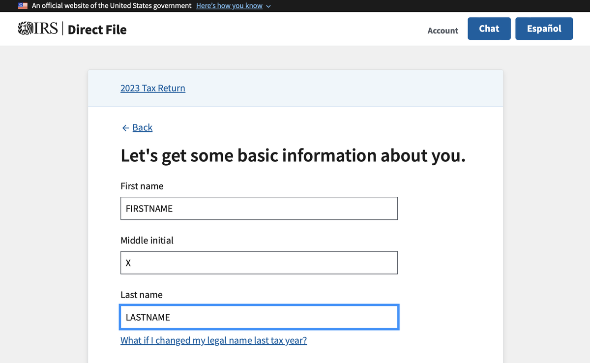 A screenshot of the IRS Direct File pilot program asking for the user's first, last and middle names.
