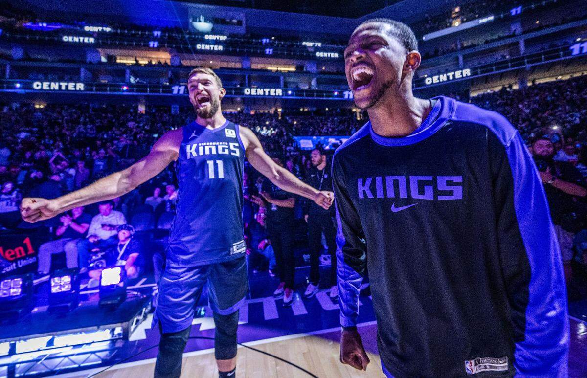 Sacramento Kings center Domantas Sabonis (11) and teammate guard De’Aaron Fox (5) get pumped for an NBA game against the Portland Trail Blazers on Monday, Oct. 28, 2024 at Golden 1 Center.