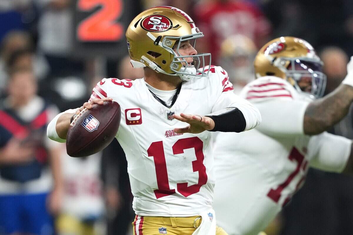 Quarterback Brock Purdy of the San Francisco 49ers looks to pass during the first quarter of the game against the Indianapolis Colts at Lucas Oil Stadium on Monday in Indianapolis.