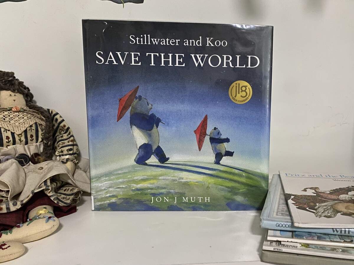 “Stillwater and Koo Save the World,” by Jon J. Muth, on author Bunny Stevens’ bookshelf.