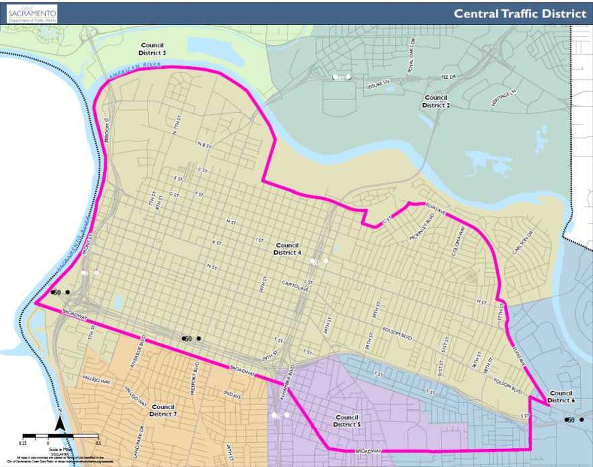 The city of Sacramento's central traffic district which designates where parking meters will be placed. This map was approved by the city of Sacramento on July 29.