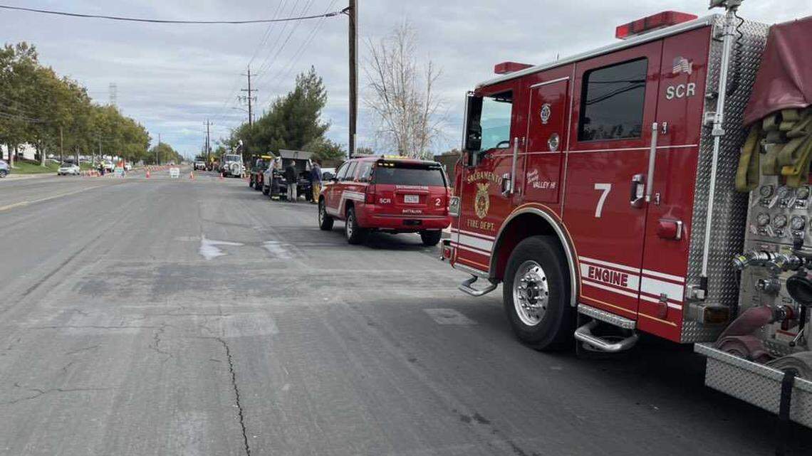 Elder Creek Road was closed between Younger Creek Drive and Watt Avenue on Thursday Oct. 21, 2021, as crews worked to identify an unknown substance on the street in Sacramento, California.