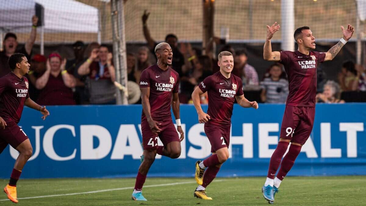 Sacramento Republic midfielder Luis Felipe, right, celebrates with teammates after his goal in the first half against the San Jose in a 2-0 win over the Earthquakes on Wednesday, May 25, 2022.