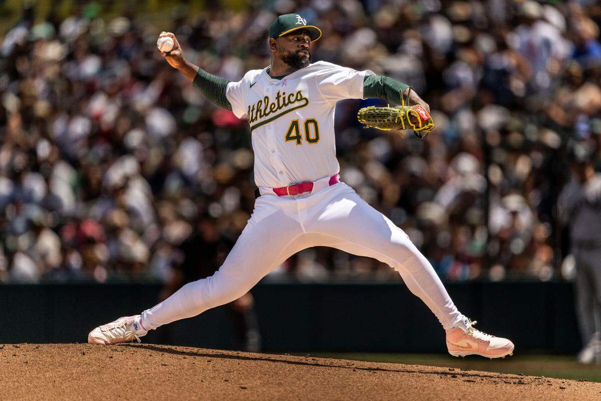 Athletics pitcher Luis Severino (40) makes a pitch during a MLB game against the New York Yankees at Sutter Health Park on Sunday, April 11, 2025.