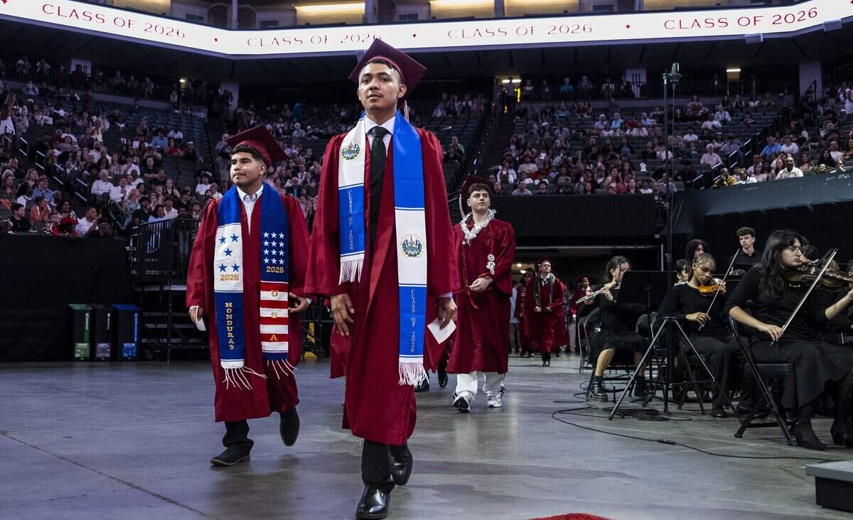 Hector Padilla and Jose Ayala walk with their classmates during the C.K. McClatchy High School graduation ceremony at Golden 1 Center on Monday, June 8, 2026.