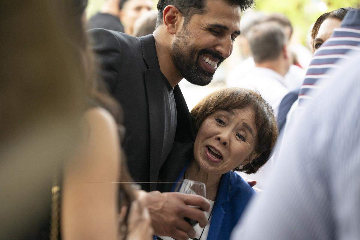 U.S. Rep. Doris Matsui greets Lodi Councilmember Mikey Hothi at Sellands on Broadway in Sacramento on primary election night on Tuesday, June 2, 2026.