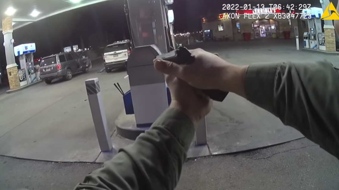 A body camera video from police captured a shooting of a 34-year-old man in Las Vegas on Jan. 12, 2022. The man is accused of pointing a gun at two officers at a Chevron gas station, police said, but he never fired his weapon.