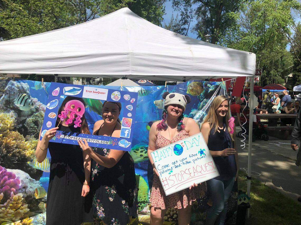 Mackenzie Bowlin, Olivia Vucasovich, Grace Curtis, and Lauryn Goodspeed (left to right) protest the fall arrival of SeaQuest Folsom, an interactive aquarium.