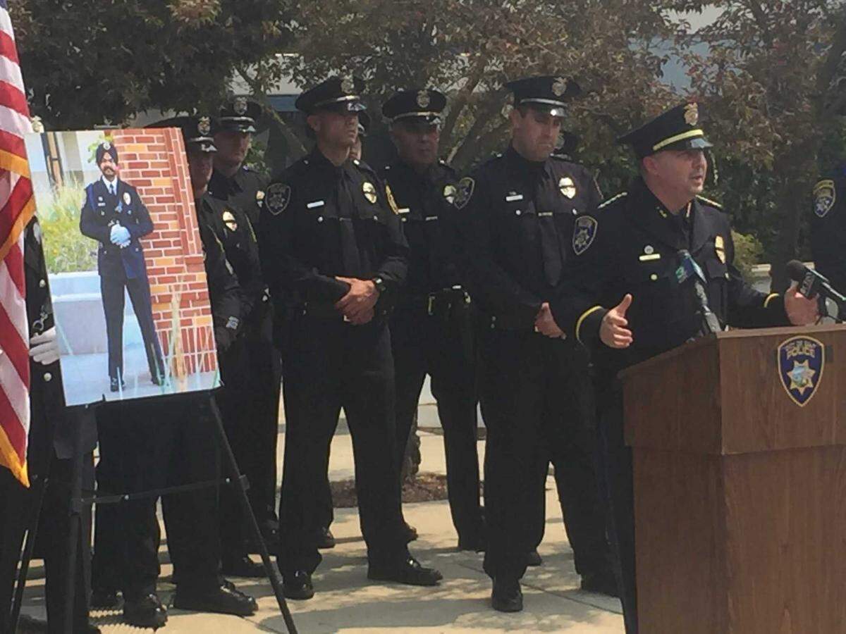 Galt Police Department’s interim Chief Rick Small announces the death of Officer Harminder Grewal outside police headquarters, Aug. 27, 2021, in Galt, Calif. Grewal died late Thursday of injuries suffered in a collision Aug. 22 on Highway 99 near Dillard Road as he and his partner traveled to assist with the Caldor Fire in El Dorado County.