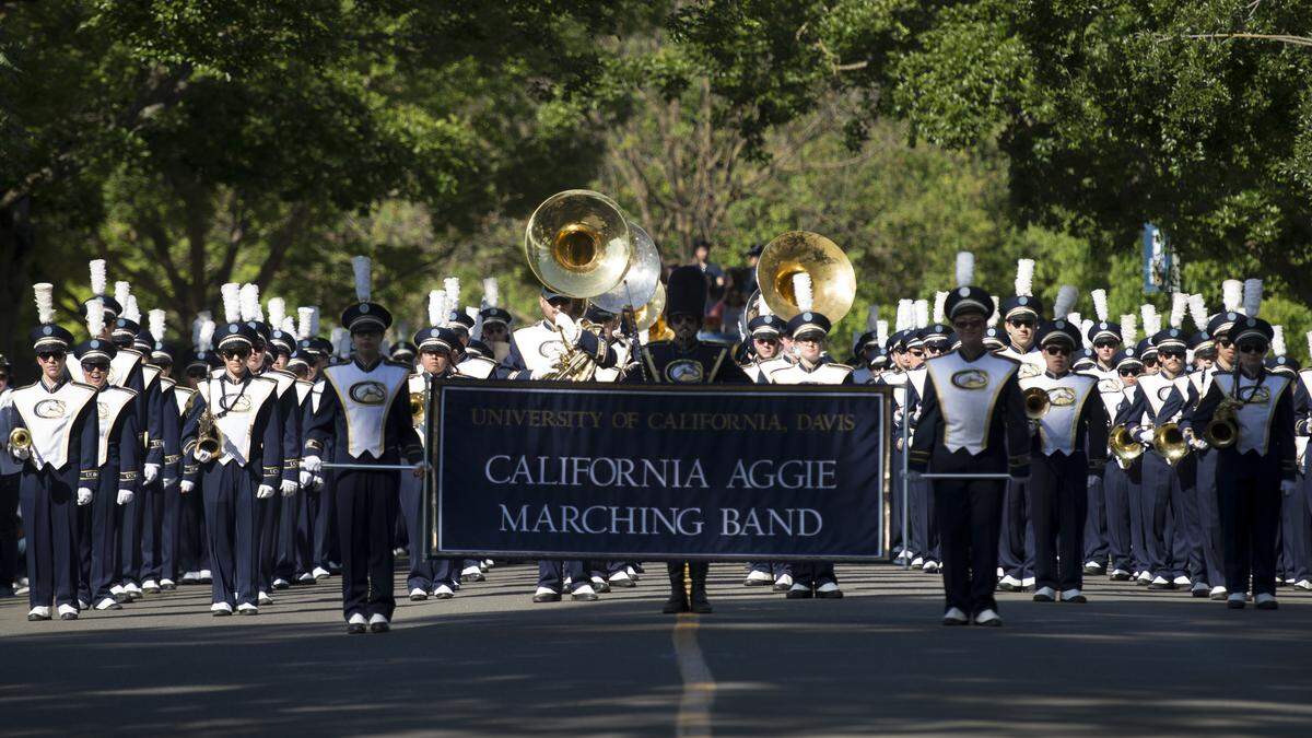 The California Aggie Marching Band marches during the parade at the 101st Picnic Day in 2015 in Davis.
